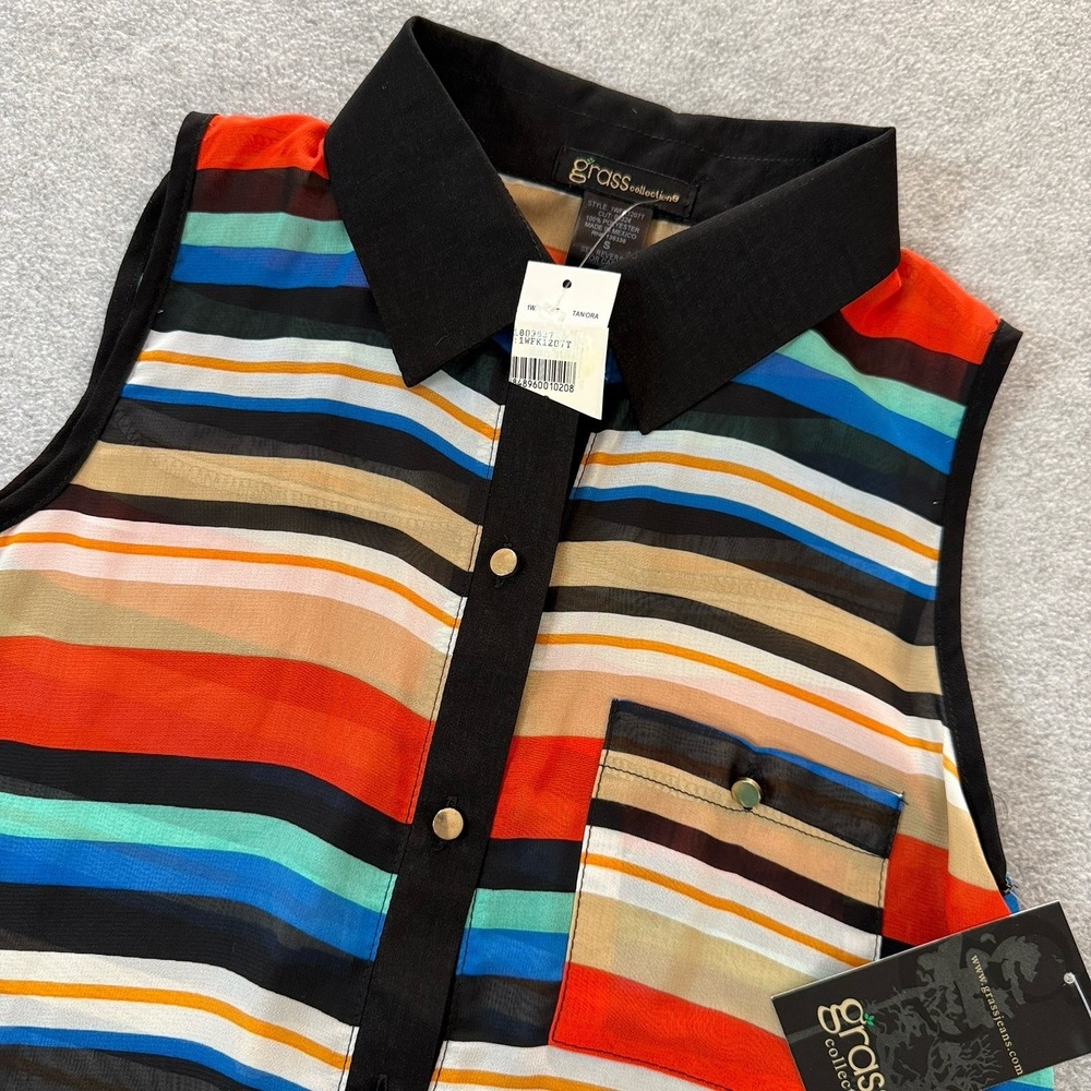 Grass Collection Women Sleeveless Sheer Striped Blouse S Button Front Hi Low Hem